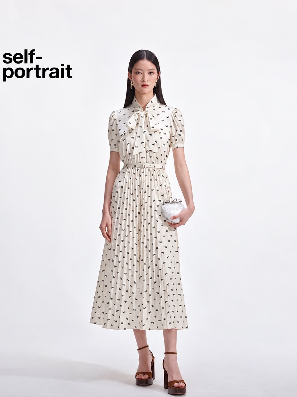 Self-Portrait Cream Midi Dress with Black Micro-Print